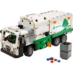 A Brick Apart LEGO Technic Mack LR Electric Garbage Truck in white and green with functional side loader and trash bin