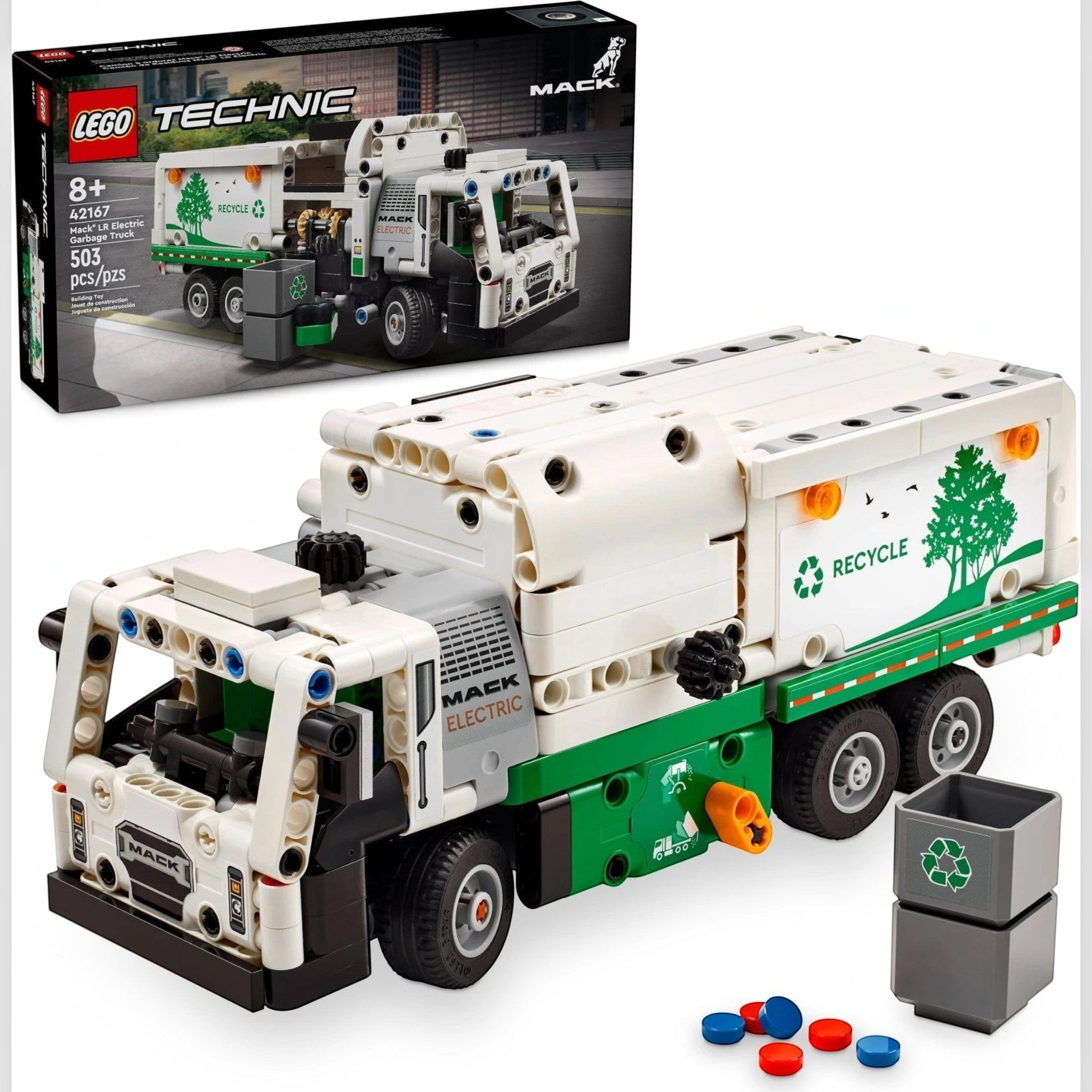 A Brick Apart LEGO Technic Mack LR Electric Garbage Truck with white and green body, side loader, and trash bins.
