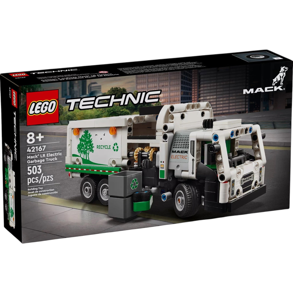 [box-front] A Brick Apart LEGO Technic Mack LR Electric Garbage Truck building set box featuring a white and green toy truck.