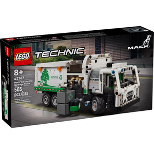 [box-front] A Brick Apart LEGO Technic Mack LR Electric Garbage Truck building set box featuring a white and green toy truck.