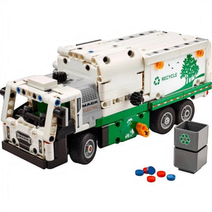 [built-white] A Brick Apart LEGO Technic Mack LR Electric Garbage Truck in white and green with functional side loader and trash bin