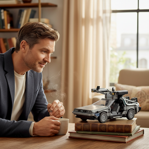 [lifestyle-person] A Brick Apart LEGO Back to the Future Time Machine model displayed on books next to a man drinking coffee.
