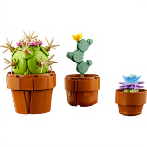 A Brick Apart LEGO Icons Tiny Plants set featuring three buildable succulent and cactus models in terracotta pots.