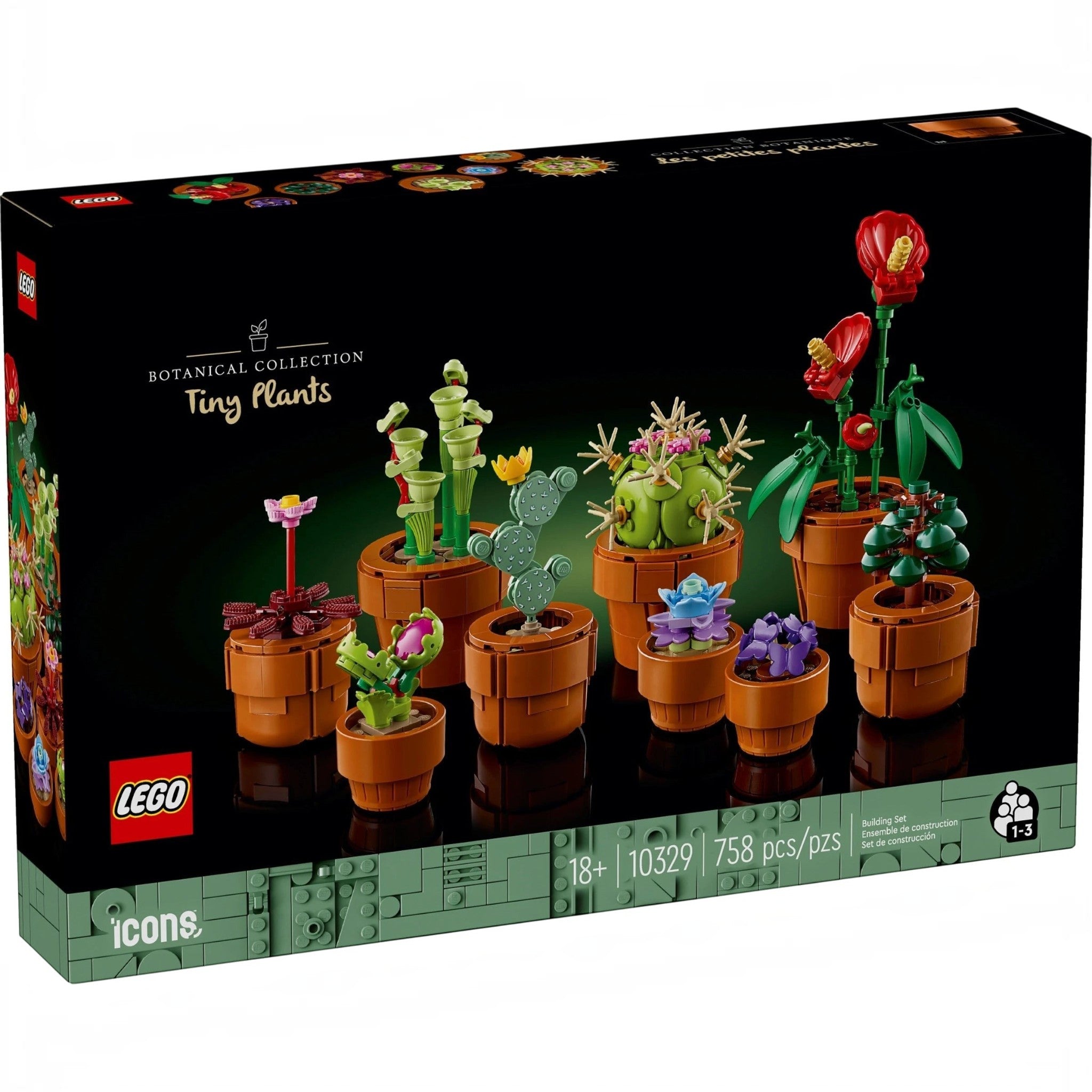 A Brick Apart LEGO Icons Tiny Plants set box featuring nine buildable arid, tropical, and carnivorous plant models.