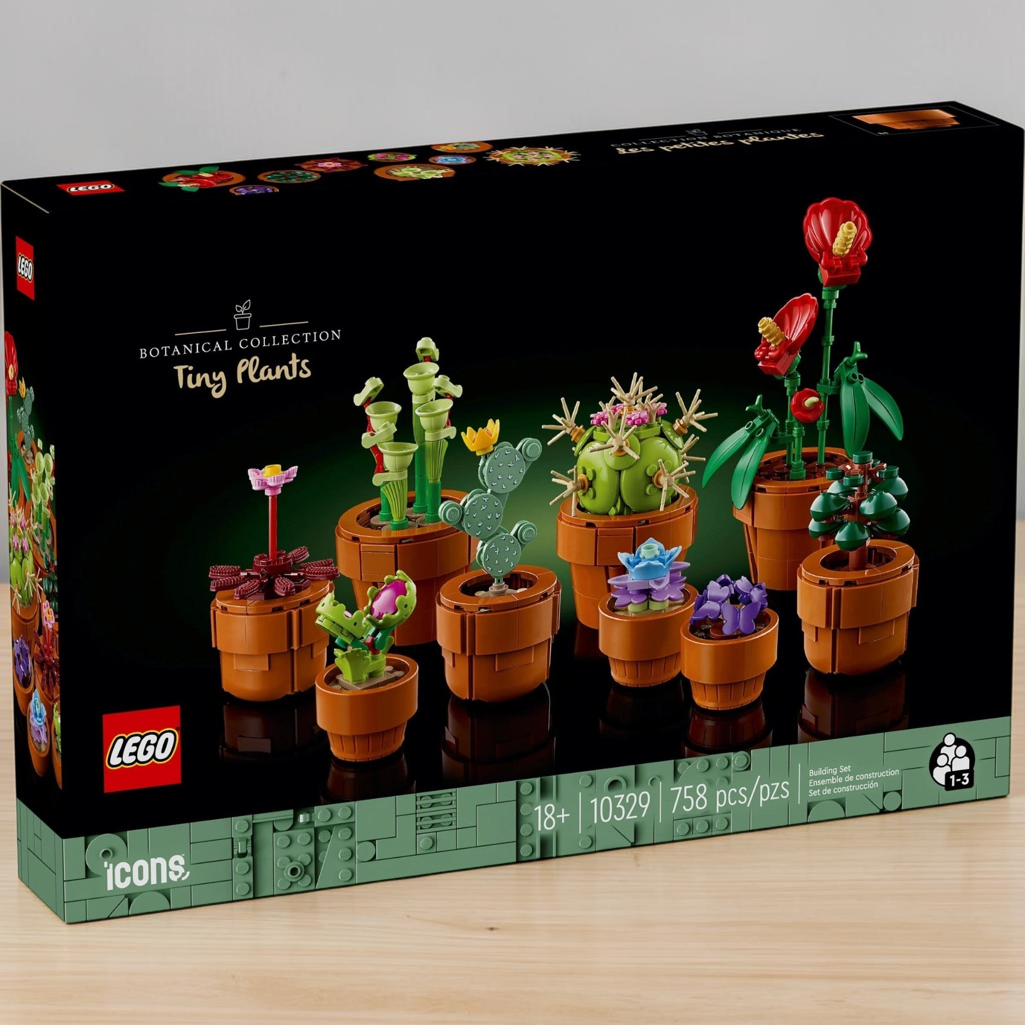 A Brick Apart LEGO Icons Tiny Plants set box featuring nine buildable botanical models in terracotta-colored pots.