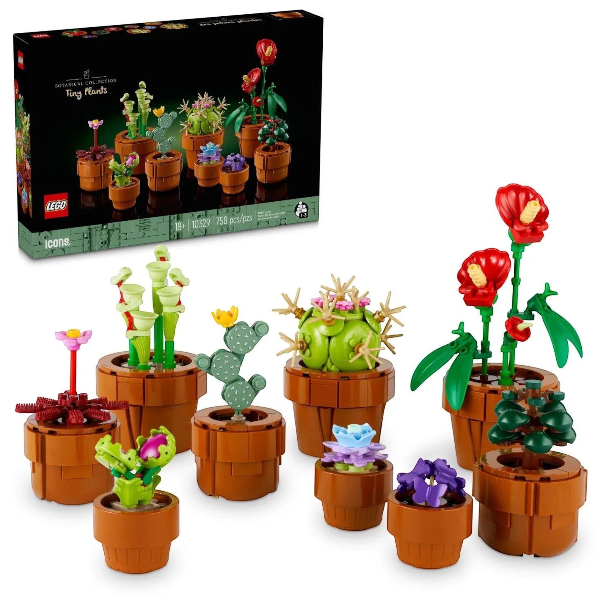 A Brick Apart LEGO Icons Tiny Plants set featuring nine buildable tropical, arid, and carnivorous plants in pots.