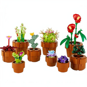 A Brick Apart LEGO Icons Tiny Plants set featuring 9 buildable arid, tropical, and carnivorous plants in terracotta pots.
