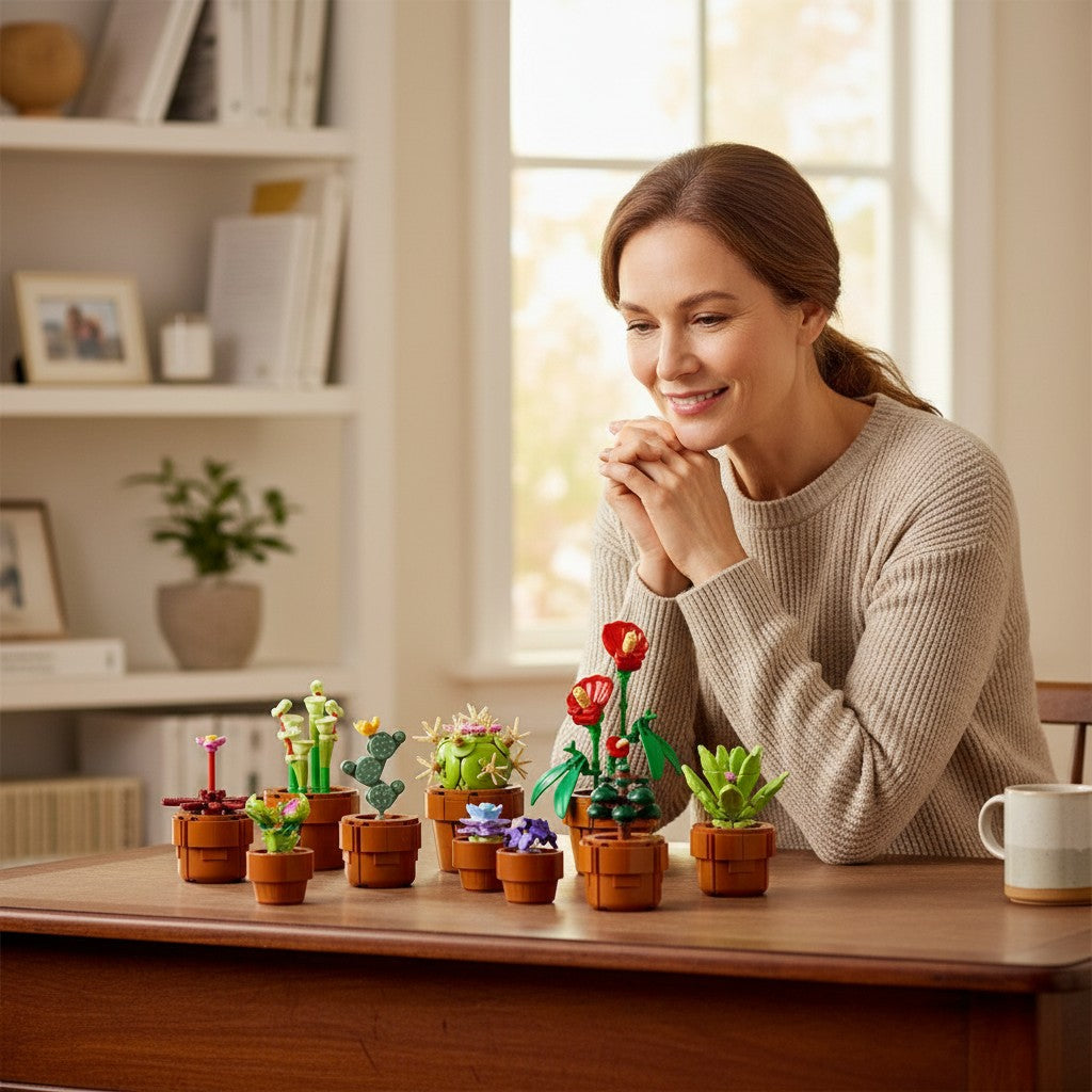 A Brick Apart LEGO Icons Tiny Plants set with nine buildable succulents and flowers displayed on a wooden table.