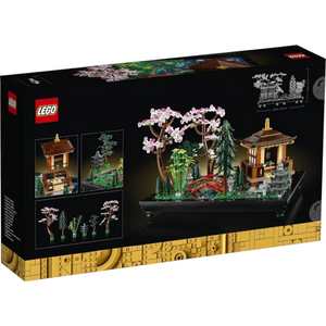 [box-back] A Brick Apart LEGO Icons Tranquil Garden set box showing the completed Japanese garden model with bridge and pavilion.