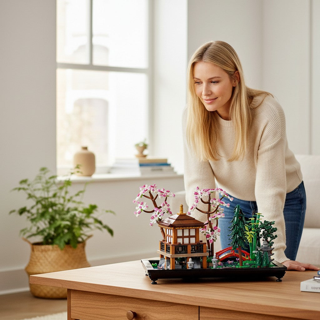 [lifestyle-person] A Brick Apart LEGO Icons Tranquil Garden set displayed on a wooden table with a woman admiring the Japanese garden model