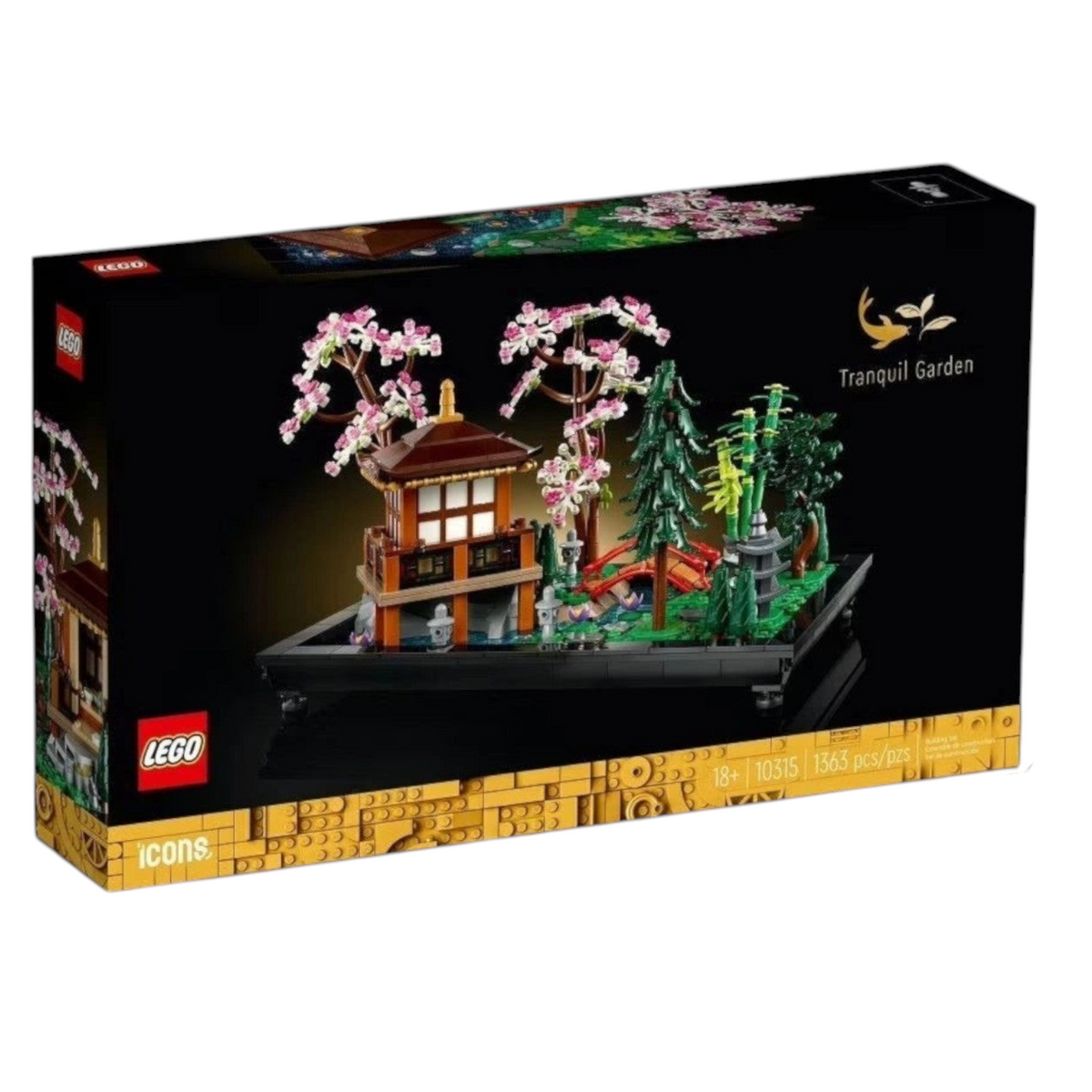 [box-front] A Brick Apart LEGO Icons Tranquil Garden set featuring a Japanese pavilion, arched bridge, and cherry blossom trees.