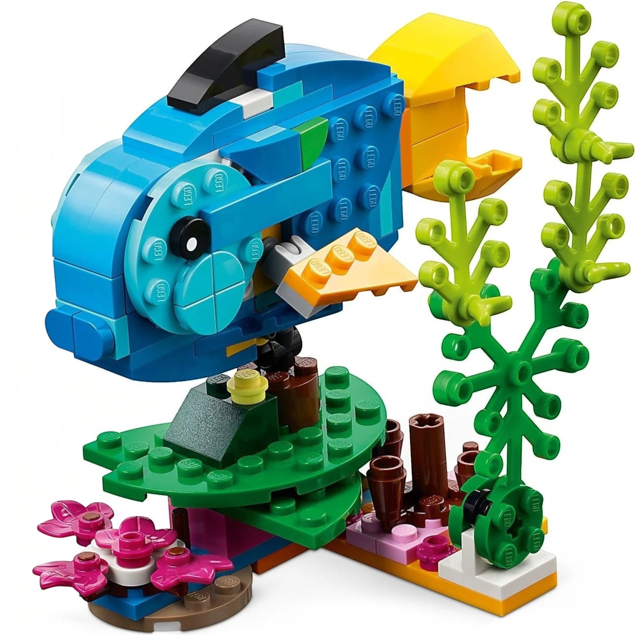 A Brick Apart LEGO Creator 3in1 Exotic Parrot set built as a blue and yellow tropical fish on a coral reef base.
