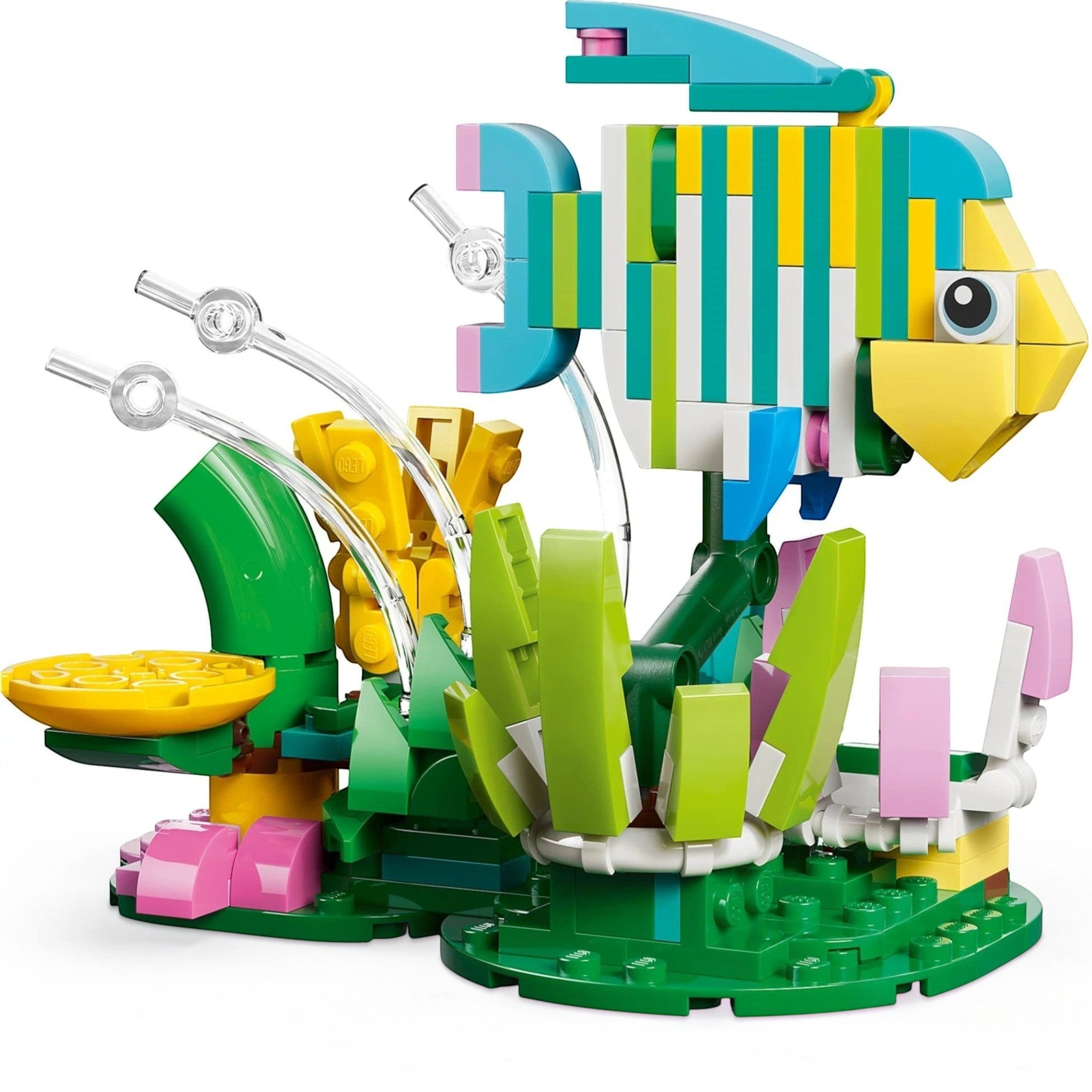 A Brick Apart LEGO Creator 3 in 1 tropical fish model with vibrant stripes and coral reef display stand.