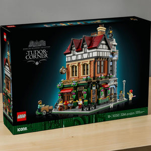[lifestyle-shelf-box] A Brick Apart LEGO Icons Tudor Corner modular building set box featuring a detailed brick-and-timber streetscape.