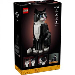 A Brick Apart LEGO Ideas Tuxedo Cat building set box showing the finished black and white cat model with blue eyes.