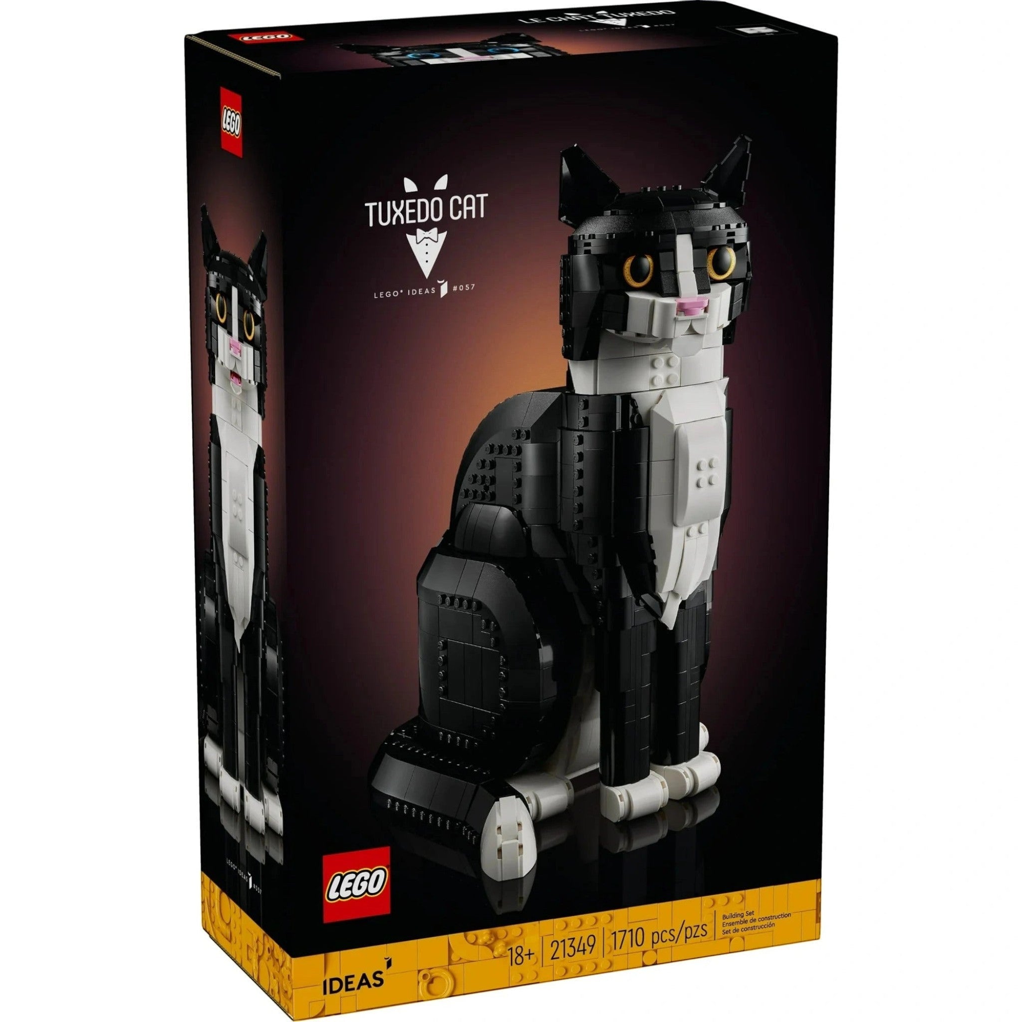 A Brick Apart LEGO Ideas Tuxedo Cat building set box featuring a lifelike black and white cat model for adults.