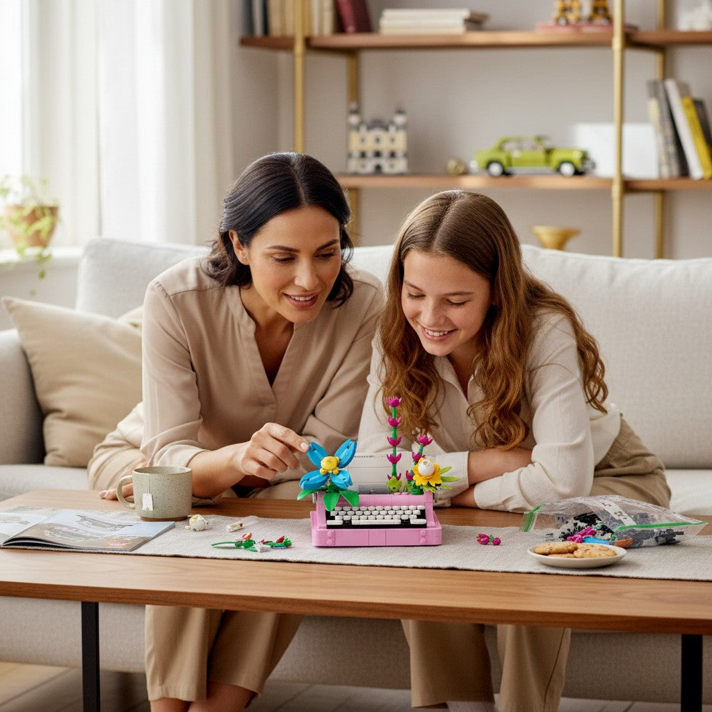 A Brick Apart LEGO Creator 3in1 typewriter set with colorful flowers being built by a mother and daughter at home.