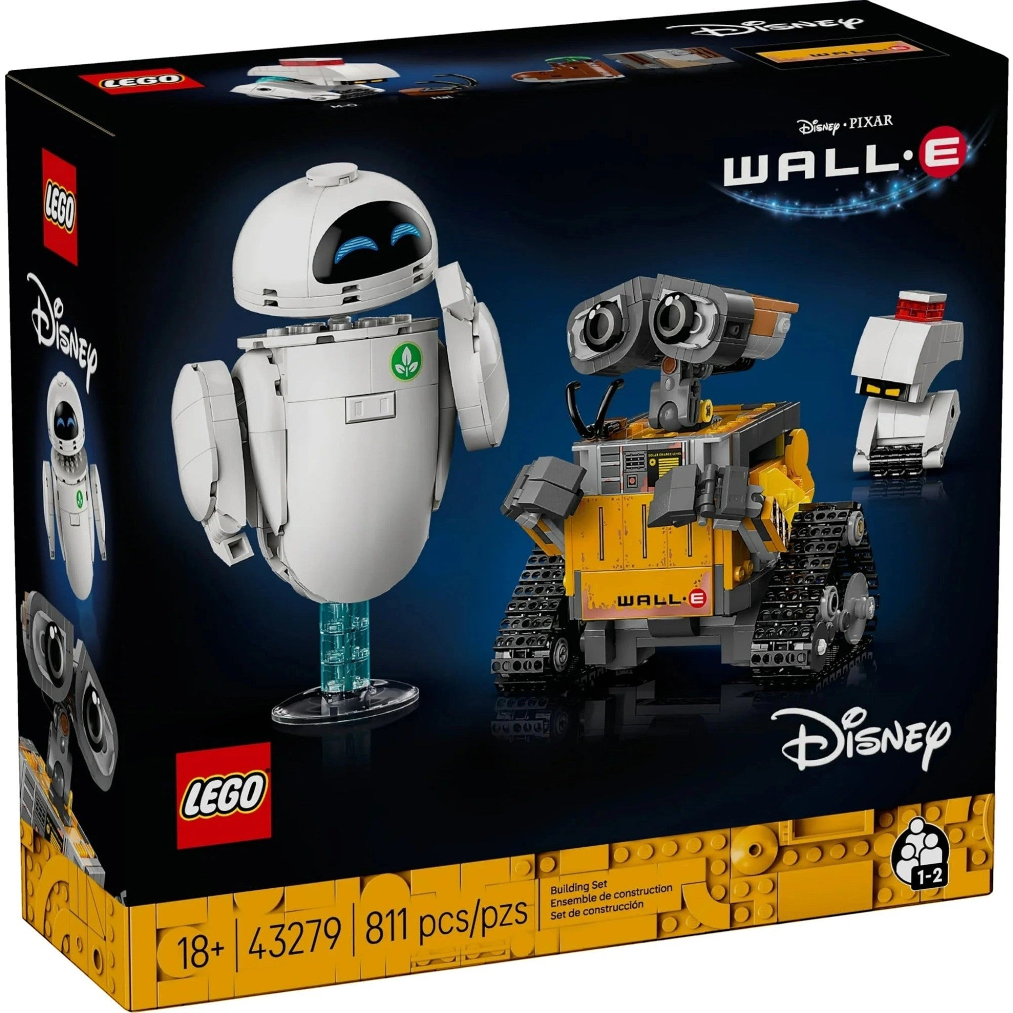 A Brick Apart LEGO Disney WALL-E and EVE building set box featuring the robot characters and 811 pieces for adults.