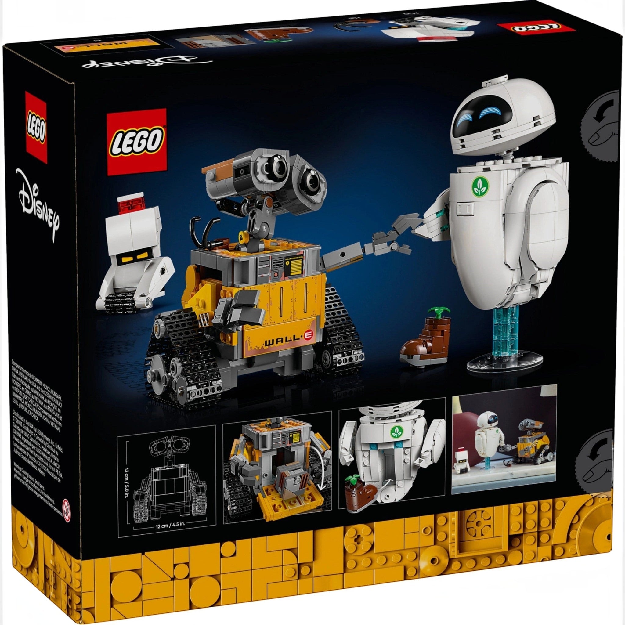 A Brick Apart LEGO Disney WALL-E and EVE building set box showing the assembled robot figures and the plant in a boot.