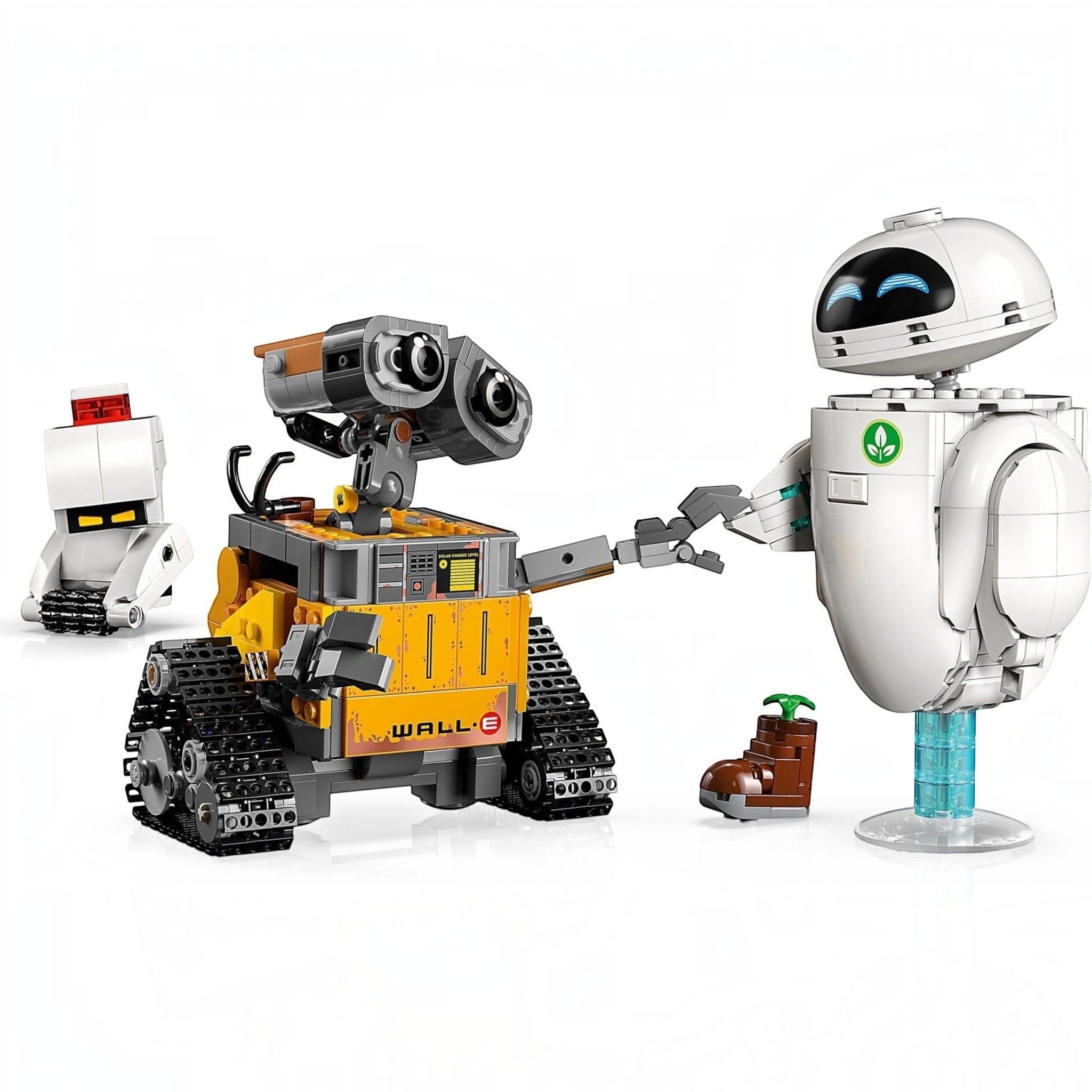 A Brick Apart LEGO Disney WALL-E and EVE building set featuring the two robots, M-O, and a plant in a boot.