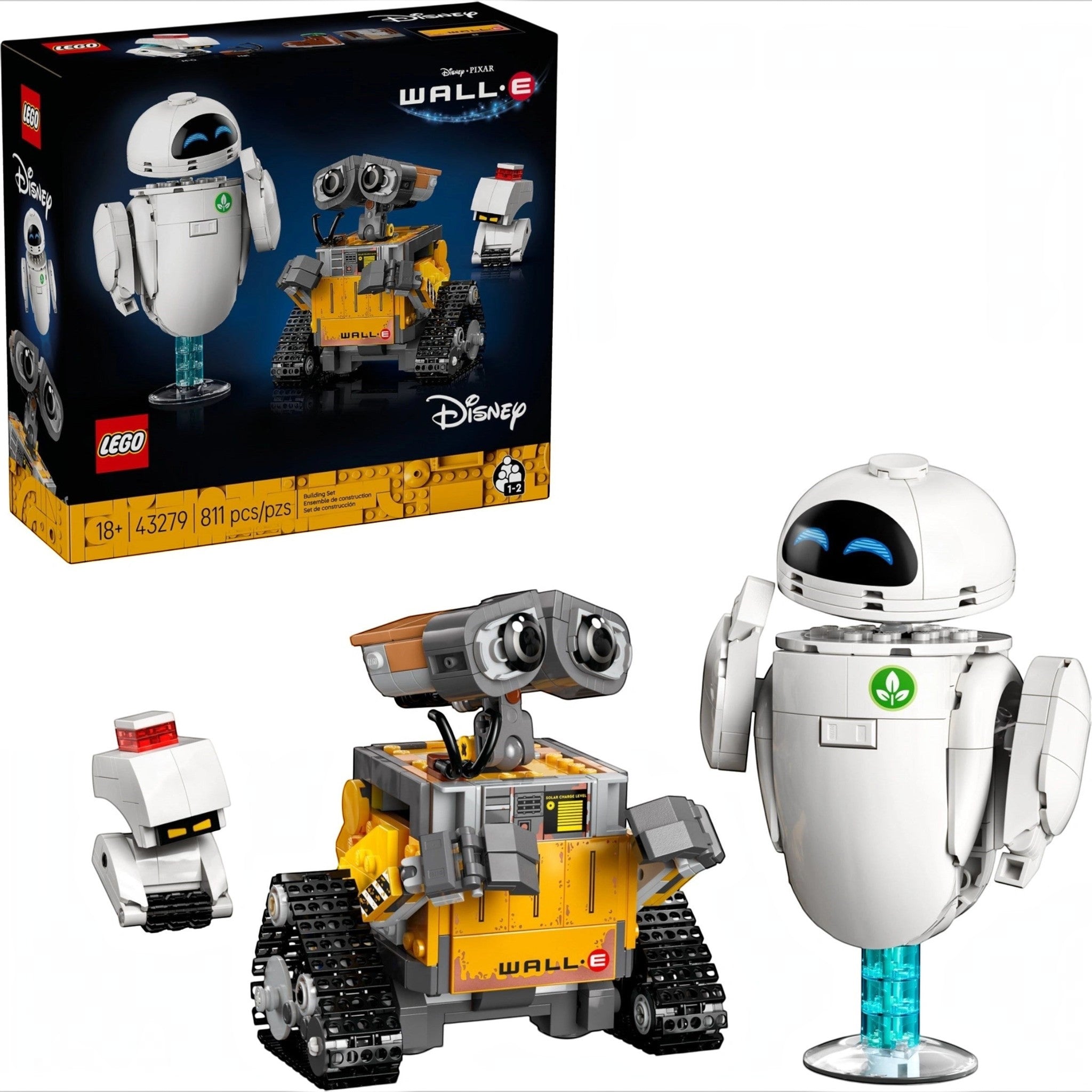 A Brick Apart LEGO Disney WALL-E and EVE building set with figures of WALL-E, EVE, and M-O displayed with the box.