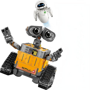 A Brick Apart LEGO Disney WALL-E and EVE building set featuring the yellow robot WALL-E and white robot EVE.