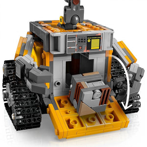 A Brick Apart LEGO Disney WALL-E robot model with an opening front compartment and detailed mechanical tracks