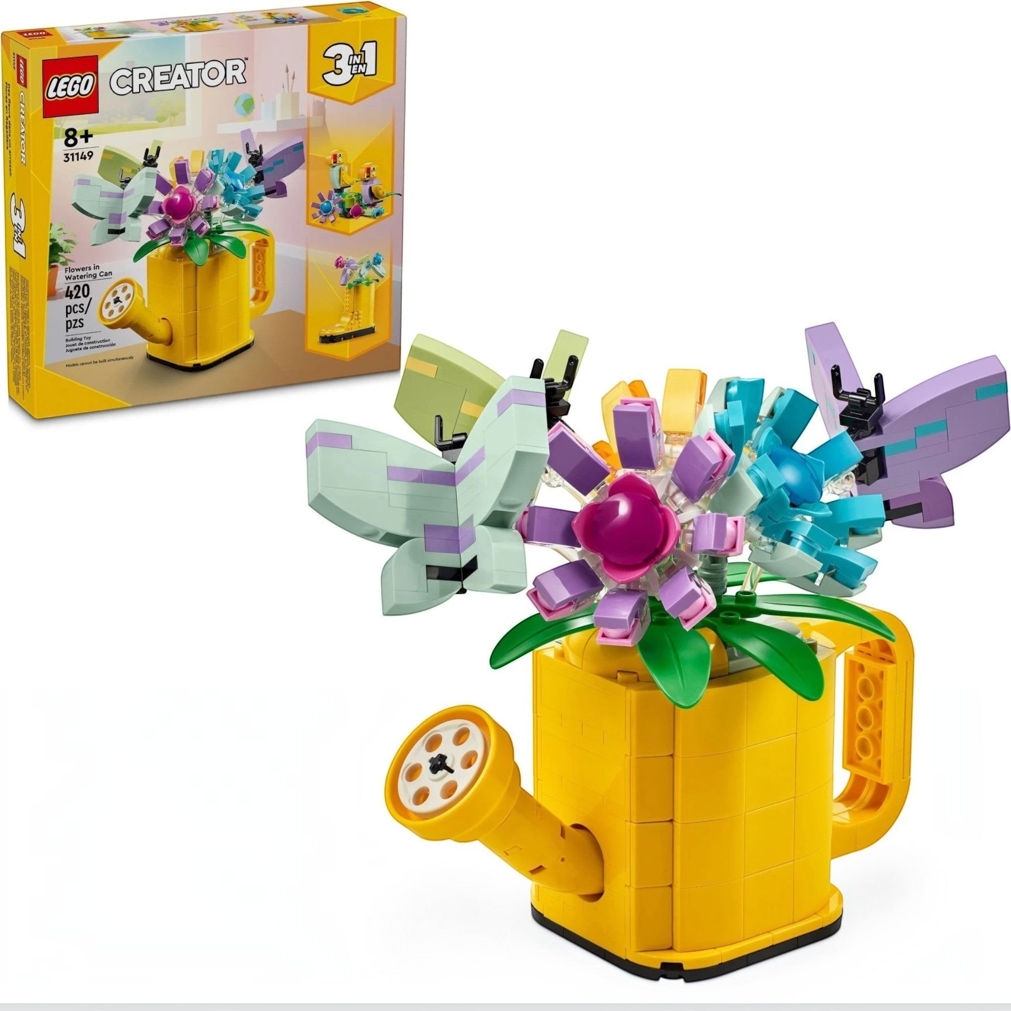 A Brick Apart LEGO Creator 3in1 yellow watering can model filled with colorful brick-built flowers and butterflies.