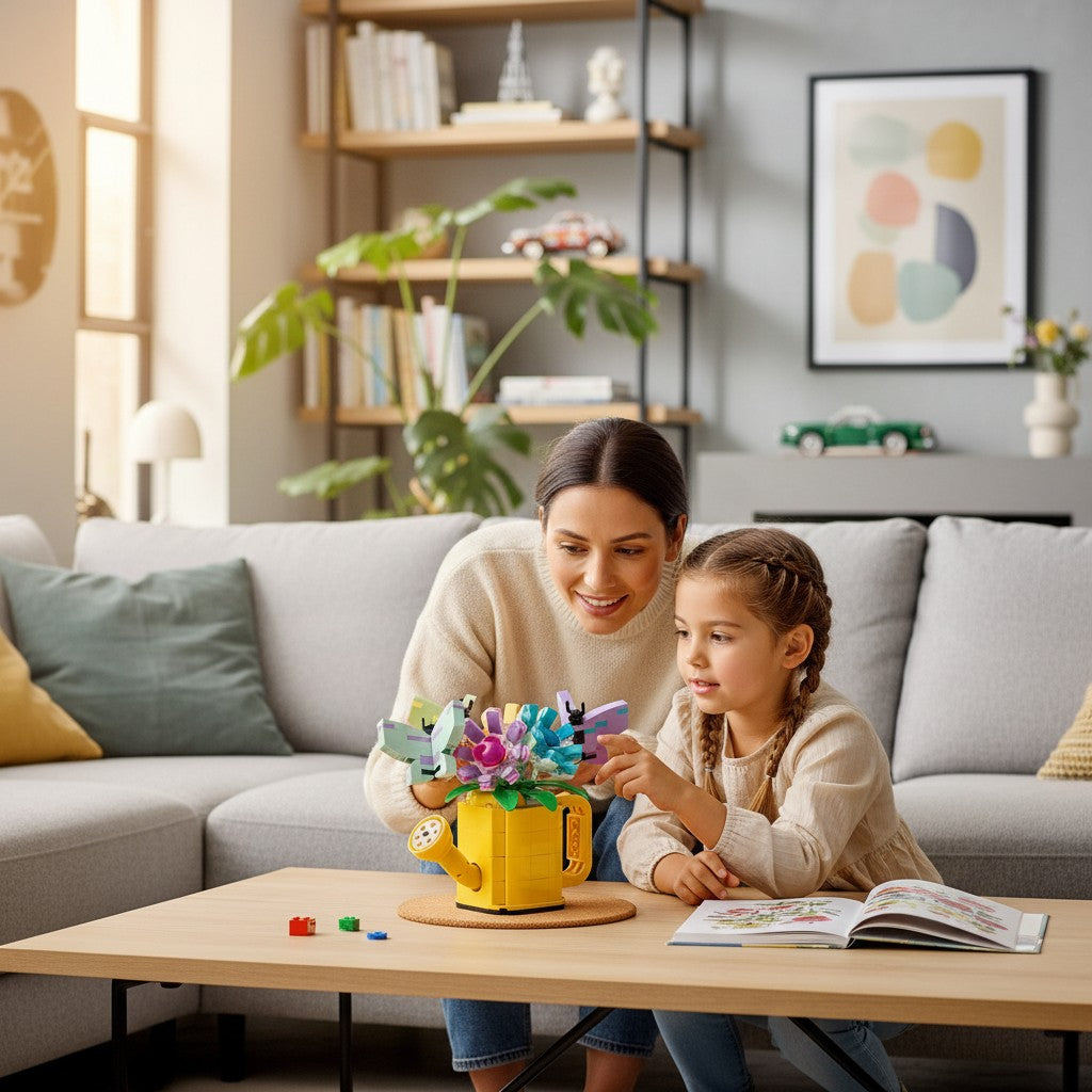 A Brick Apart LEGO Creator Flowers in Watering Can set being built by a mother and daughter in a cozy living room.