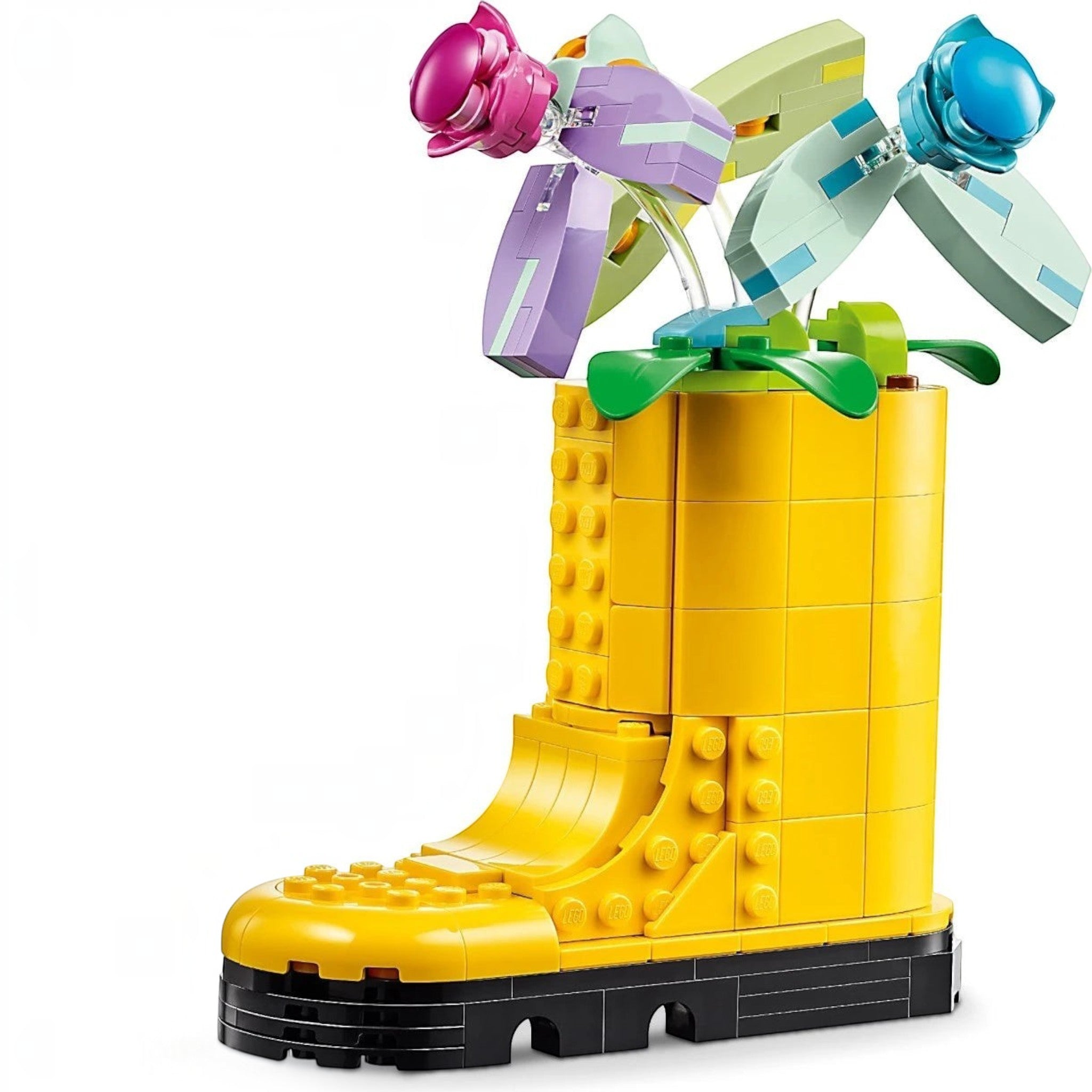 A Brick Apart LEGO Creator yellow brick-built welly boot filled with colorful flowers and green leaves