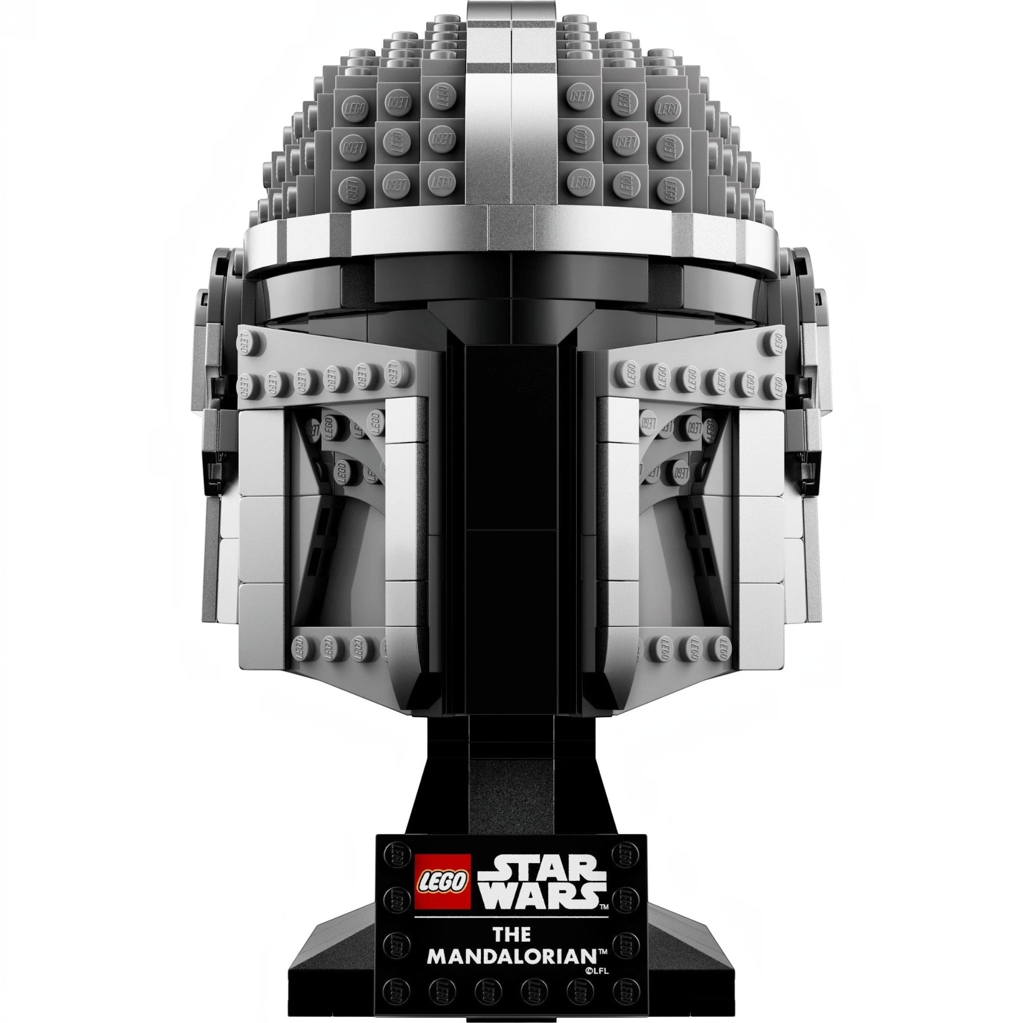 A Brick Apart LEGO Star Wars The Mandalorian helmet replica with metallic beskar armor finish on a display stand.