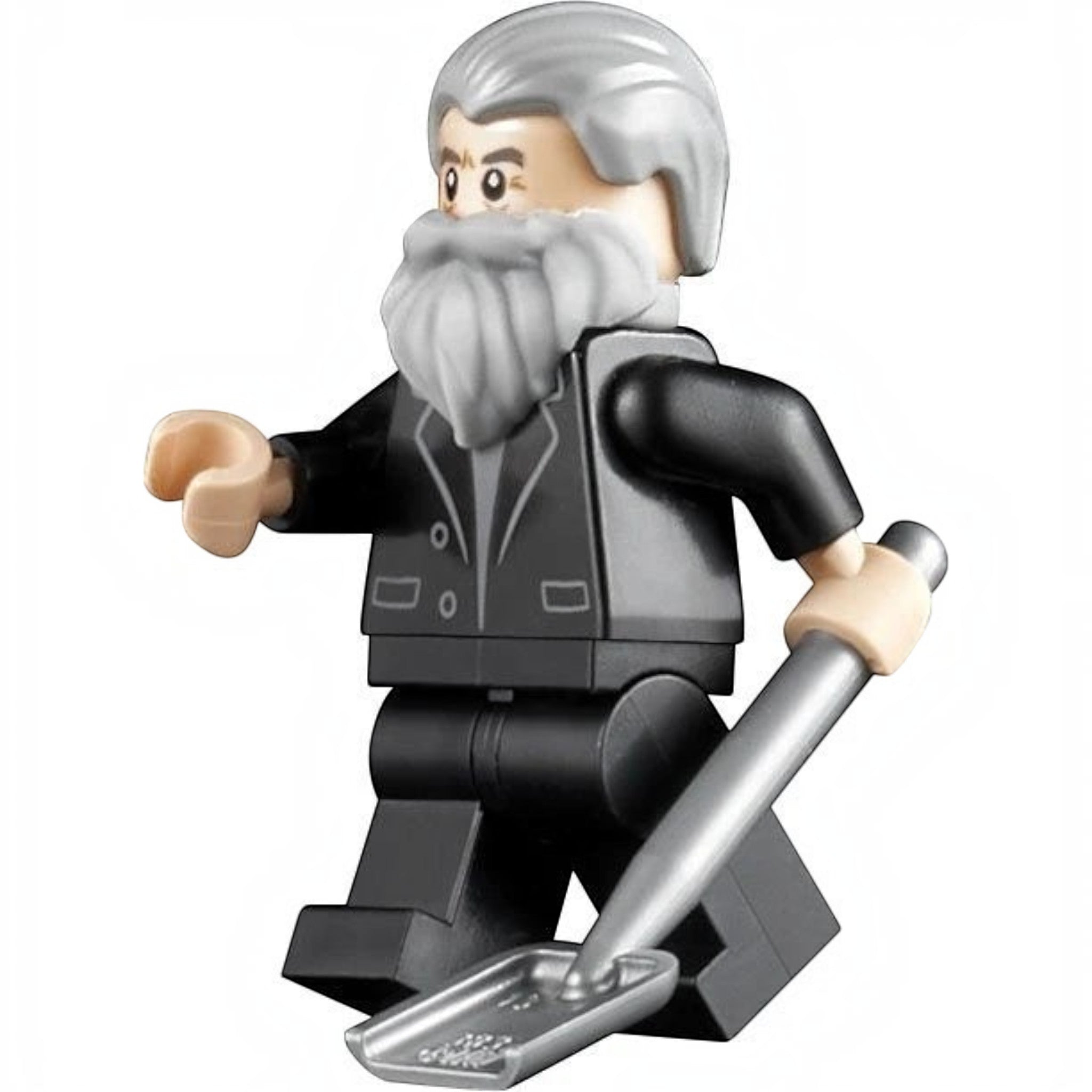A Brick Apart LEGO Old Man Marley minifigure from the Home Alone set with grey hair, beard, and a silver shovel.
