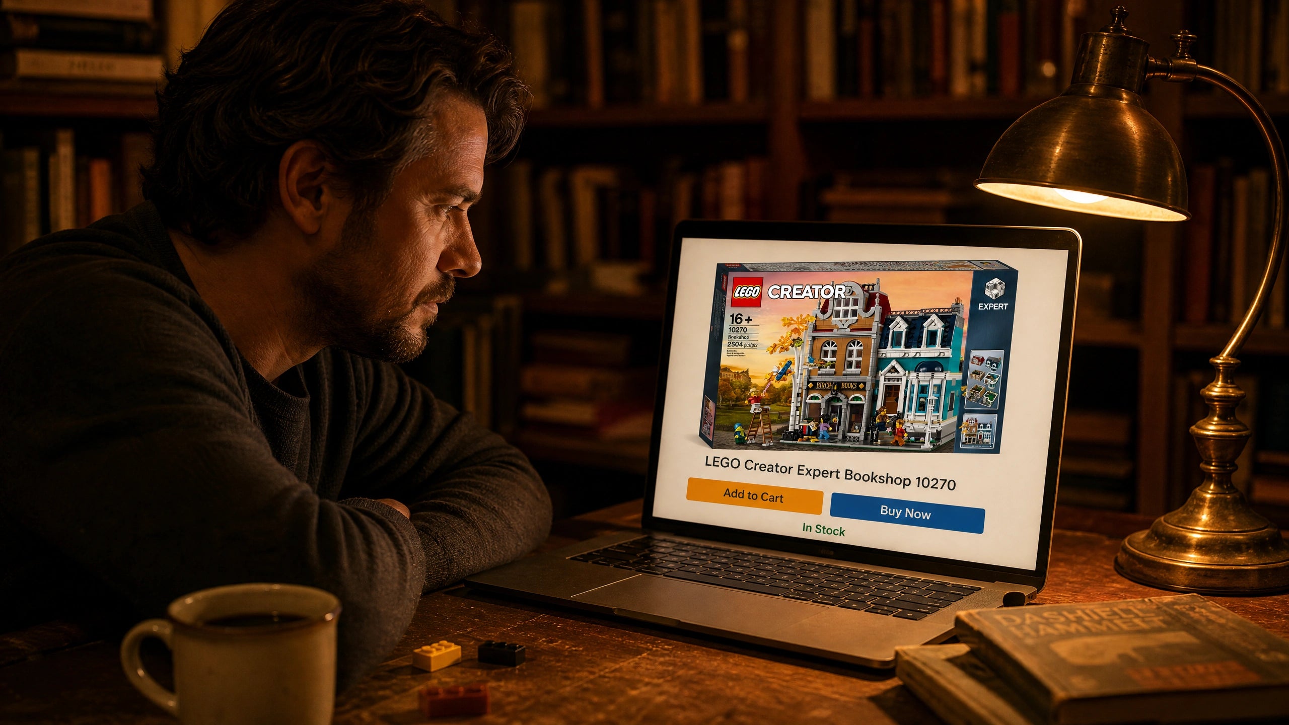 Man looking at a laptop displaying a LEGO product on a table with books and a lamp in the background