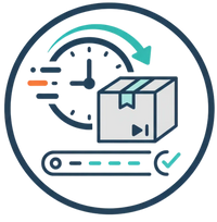 Icon of a package with a clock and checkmark, symbolizing delivery tracking.