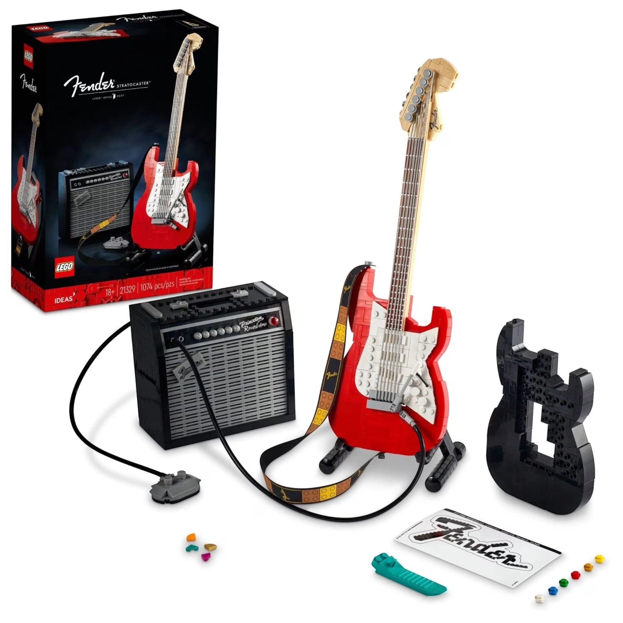 LEGO Fender Stratocaster guitar set with amplifier and accessories on a white background