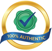 Logo with a green checkmark and blue ribbon stating '100% Authentic' on a white background