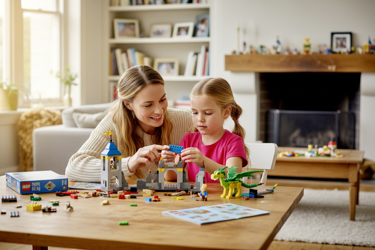Woman and child playing with LEGO toys in a living room