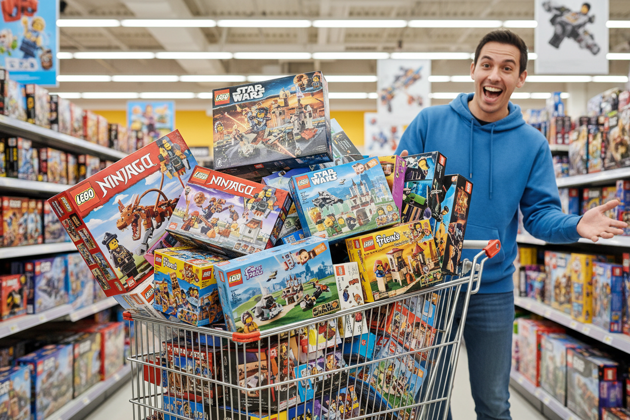 Person pushing a shopping cart full of LEGO sets in a store