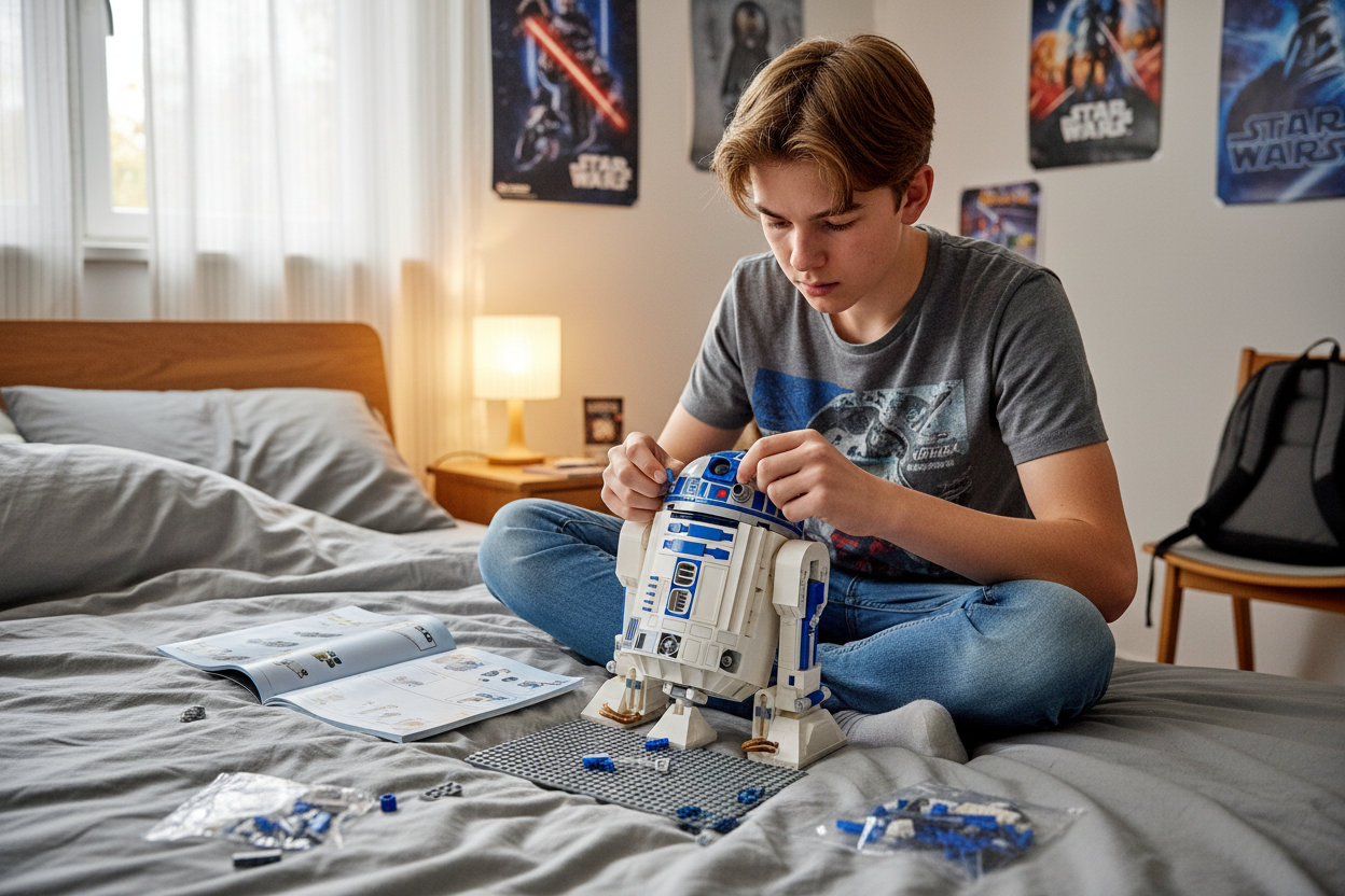 Young Man Building an R2-D2 from LEGO