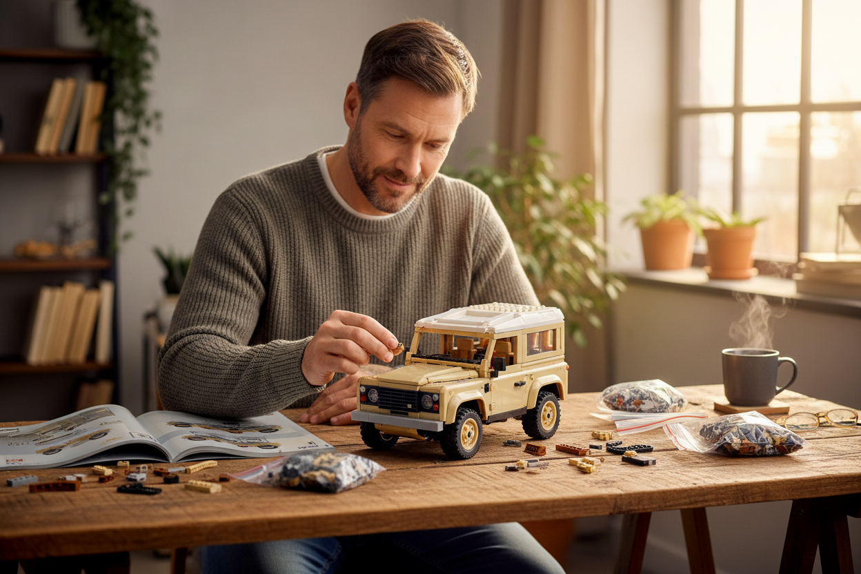 Man building a model car on a wooden table in a cozy room with plants and books.