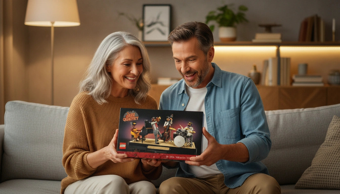 Man and woman holding a LEGO set box in a cozy living room.