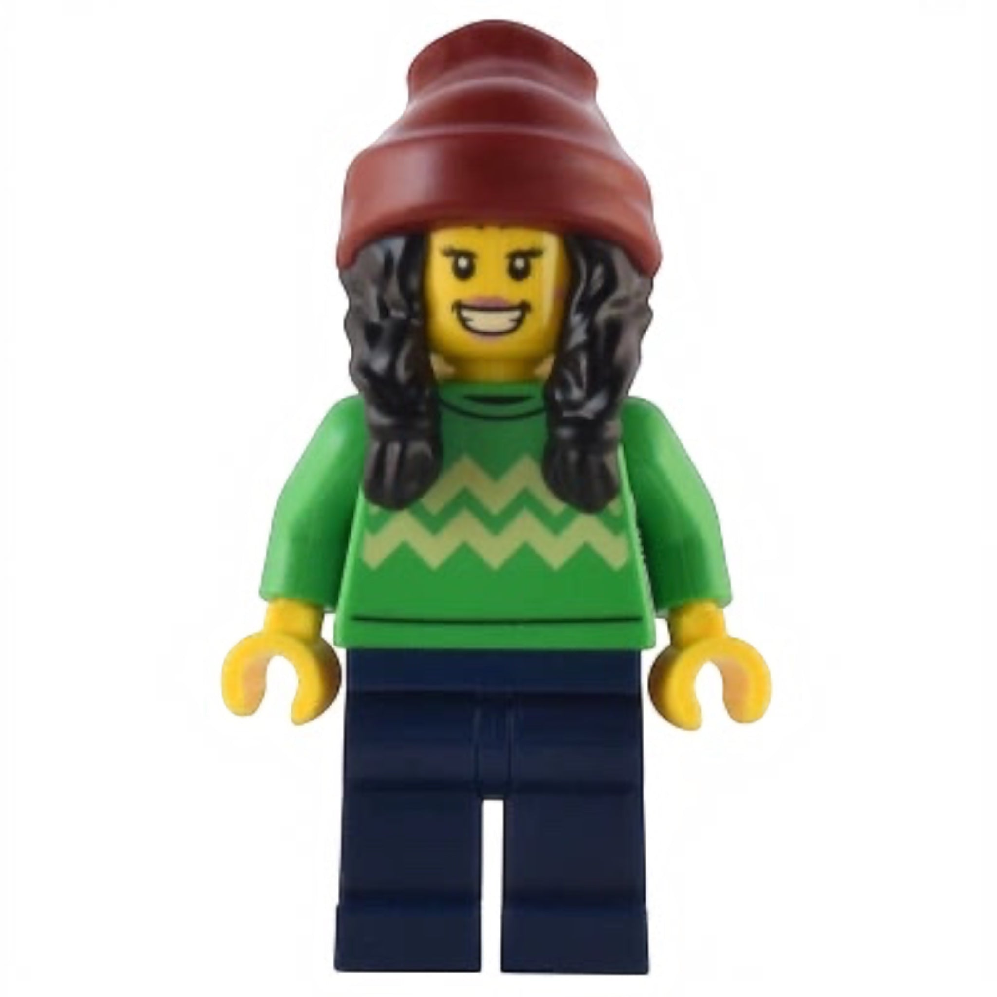 LEGO minifigure wearing a green sweater with a zigzag pattern, navy pants, and a red beanie.