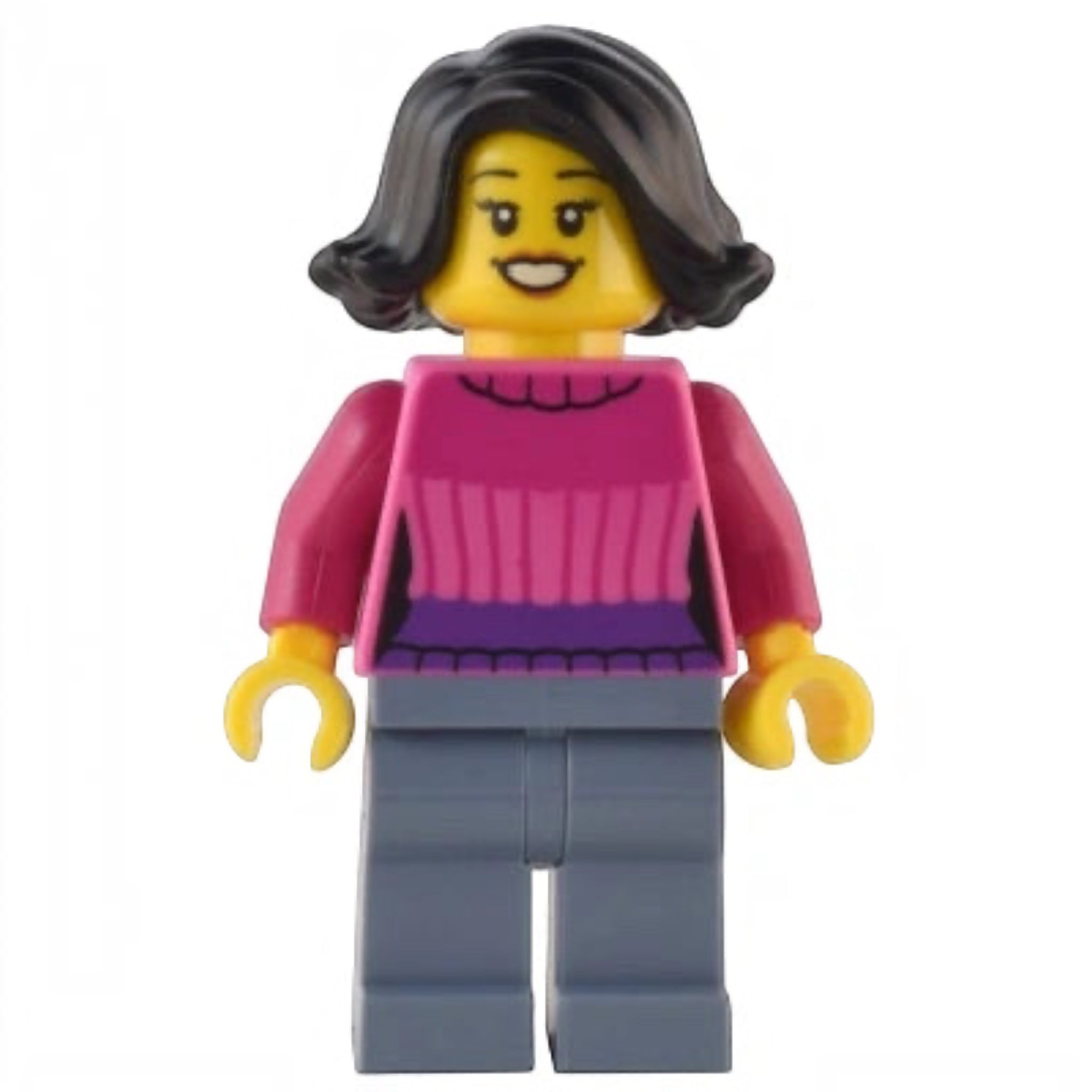 LEGO figure of a woman wearing a pink sweater on a white background