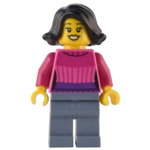 LEGO figure of a woman wearing a pink sweater on a white background