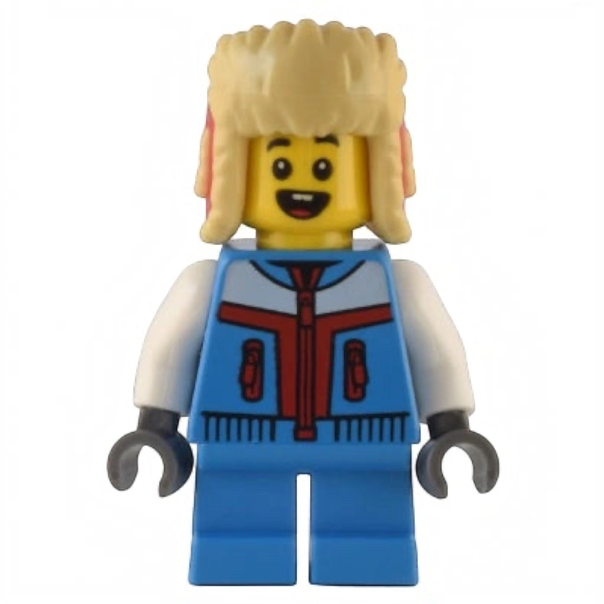 LEGO minifigure with blonde hair, blue outfit with red accents, and white shirt.