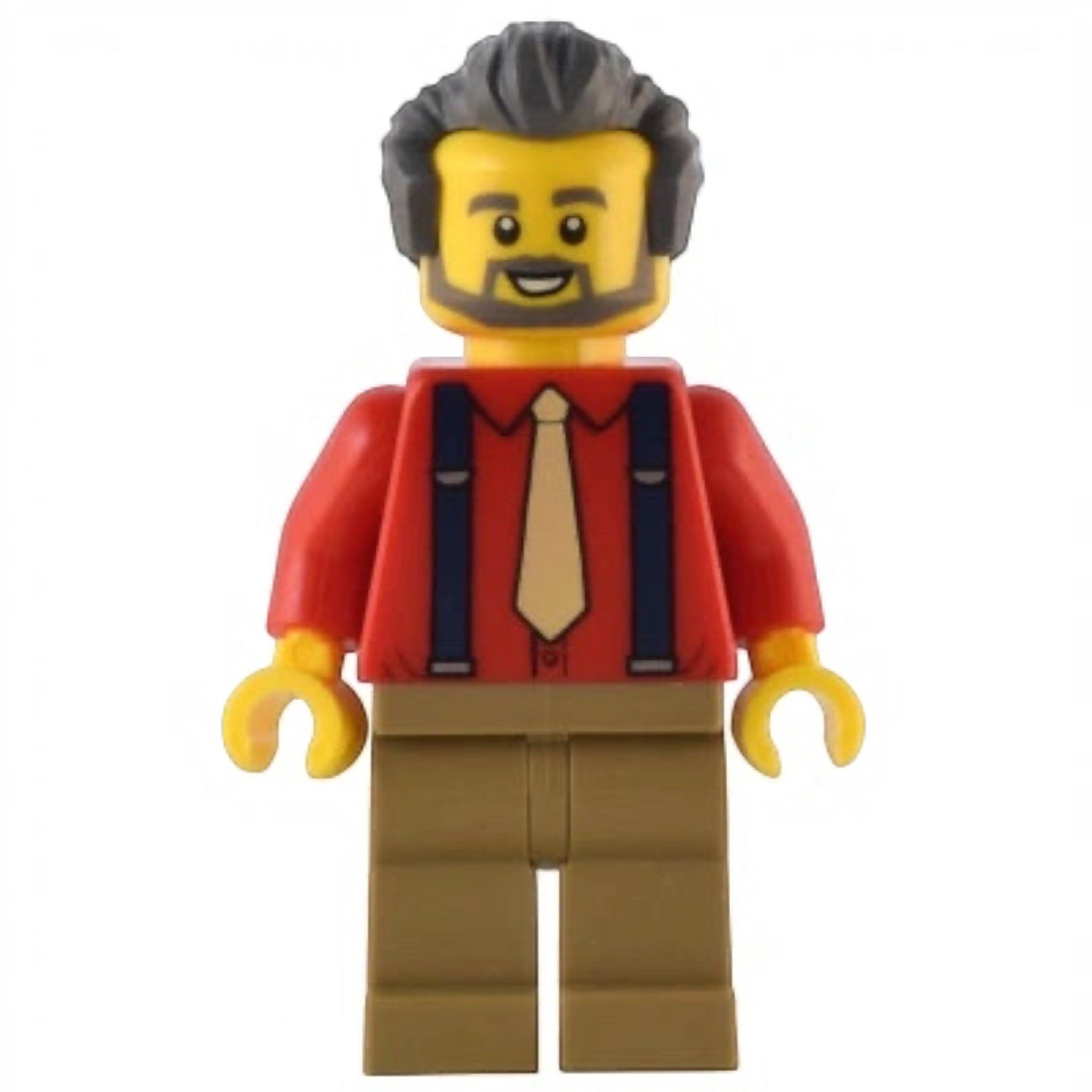 LEGO minifigure of a man with a red shirt, tie, and suspenders on a white background