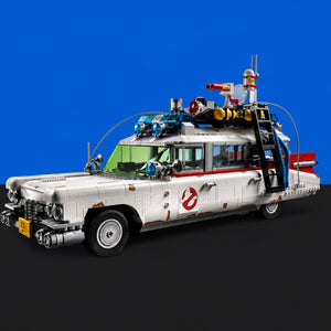 [built-blue-black] A LEGO Ghostbusters Ecto-88 building set toy car, featuring a white body with red stripes, the iconic ghost logo, and various blue, yellow, and black accessories on top, set against a solid blue and black background.
