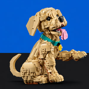 [built-blue-black] A toy dog built from tan building blocks, wearing a teal collar with a pink tag, posed against a split blue and black background.