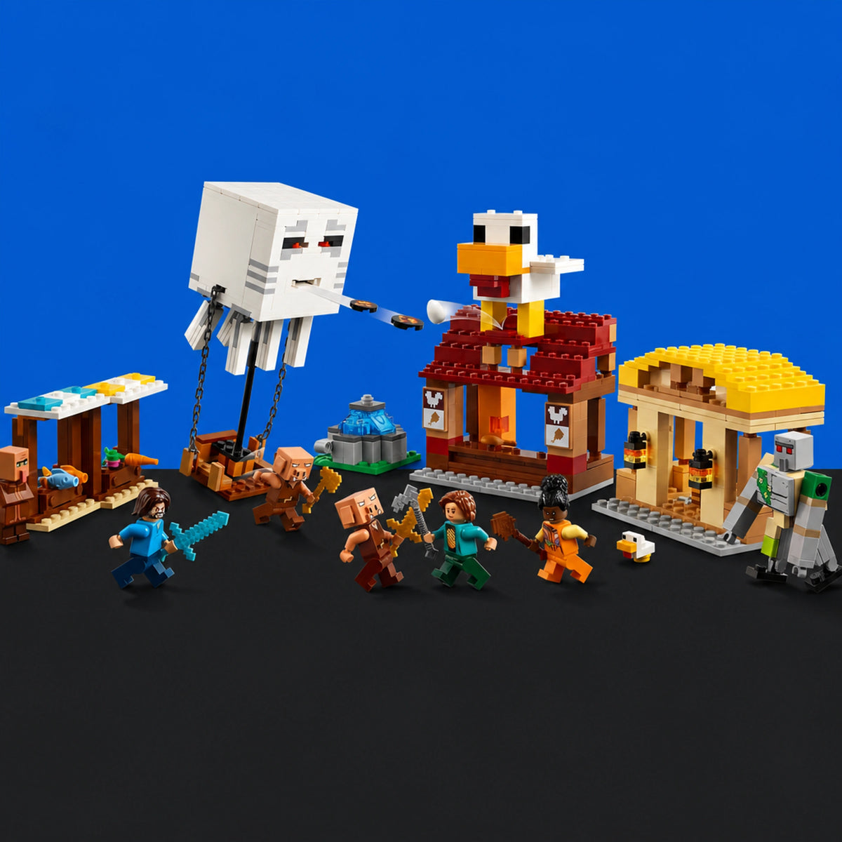 [built-blue-black] A Minecraft-themed toy building set displayed on a black surface against a solid blue background. The set includes multiple minifigures, a large floating skeleton, a red-roofed building with a chicken character, a yellow-roofed structure, a small market stall, and other blocky terrain pieces.