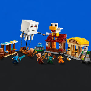 [built-blue-black] A Minecraft-themed toy building set displayed on a black surface against a solid blue background. The set includes multiple minifigures, a large floating skeleton, a red-roofed building with a chicken character, a yellow-roofed structure, a small market stall, and other blocky terrain pieces.